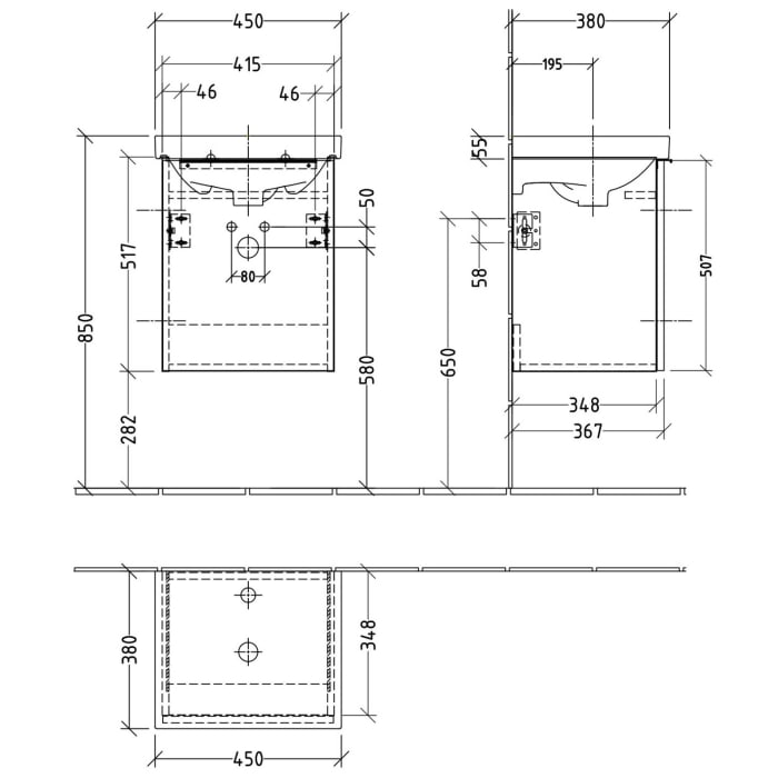 Sanipa 3way Waschtischunterbau für Keramik-Waschtisch Acanto 45 cm, 1 Tür , Anschlag links, mit Aufsatzgriff