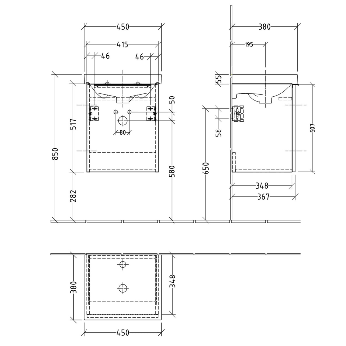 Sanipa 3way Waschtischunterbau für Keramik-Waschtisch Acanto 45 cm, 1 Tür, Anschlag rechts, mit Aufsatzgriff