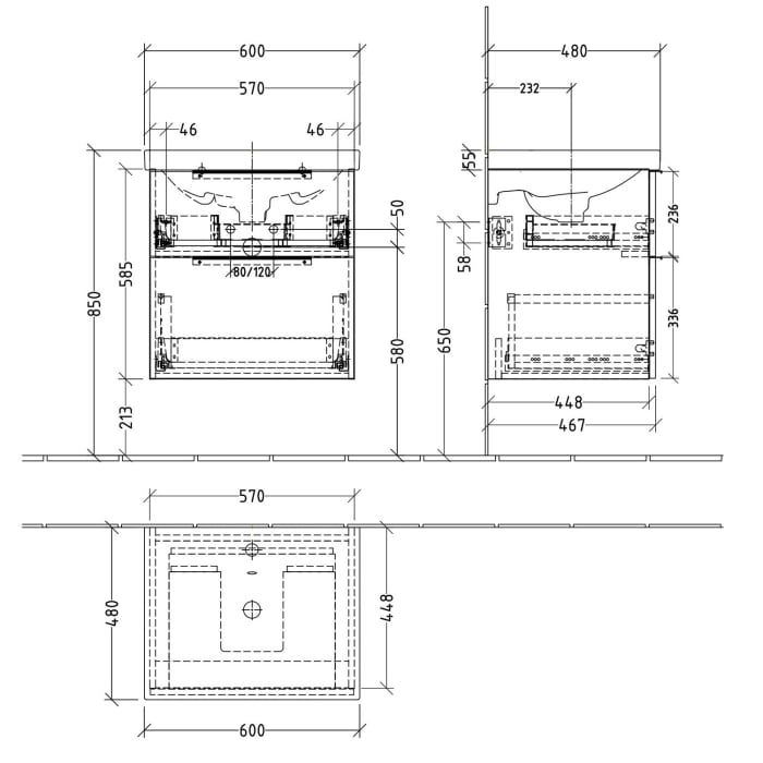 Sanipa 3way Waschtischunterbau für Keramik-Waschtisch Acanto 60 cm, 2 Auszüge mit Aufsatzgriff