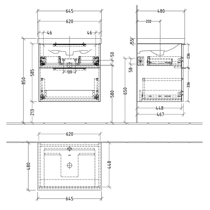 Sanipa 3way Waschtischunterbau für Keramik-Waschtisch Acanto 65 cm, 2 Auszüge mit Aufsatzgriff