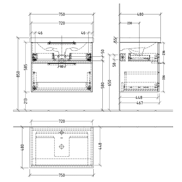 Sanipa 3way Waschtischunterbau für Keramik-Waschtisch Acanto 75 cm, 2 Auszüge mit Aufsatzgriff