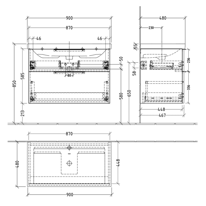 Sanipa 3way Waschtischunterbau für Keramik-Waschtisch Acanto 90 cm, 2 Auszüge mit Aufsatzgriff