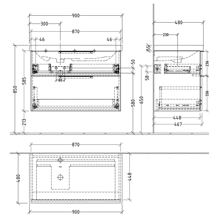 Sanipa 3way Waschtischunterbau für Keramik-Waschtisch Acanto 90 cm Ablagefläche rechts, 2 Auszüge mit Aufsatzgriff