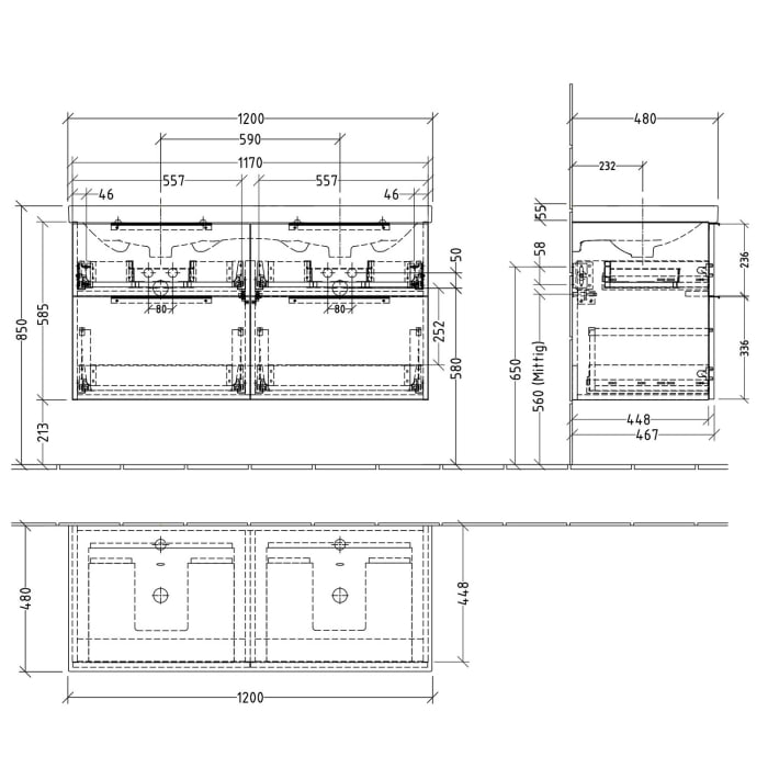 Sanipa 3way Waschtischunterbau für Keramik-Doppelwaschtisch Acanto 120 cm, 4 Auszüge mit Aufsatzgriff