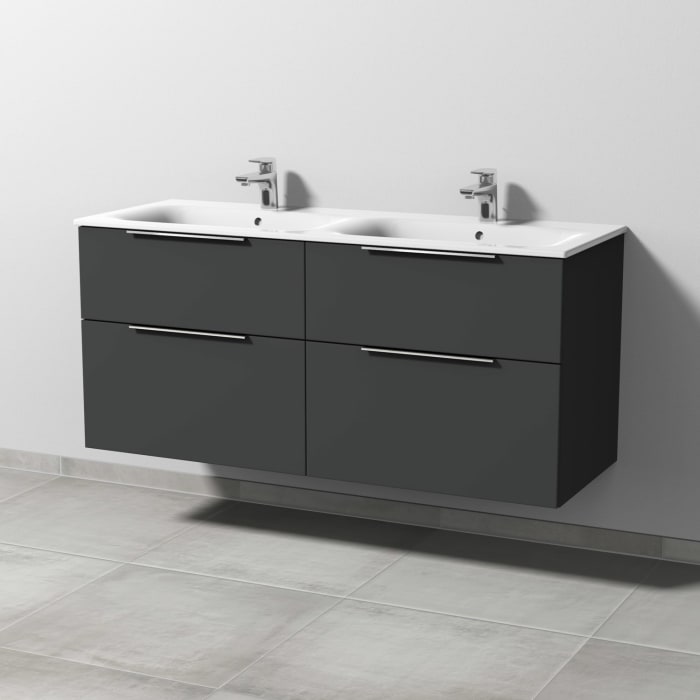 Sanipa 3way Waschtischunterbau für Keramik-Doppelwaschtisch Renova Plan Slim 130 cm, 4 Auszüge mit Aufsatzgriff