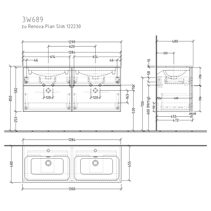 Sanipa 3way Waschtischunterbau für Keramik-Doppelwaschtisch Renova Plan Slim 130 cm, 4 Auszüge mit Griffleisten