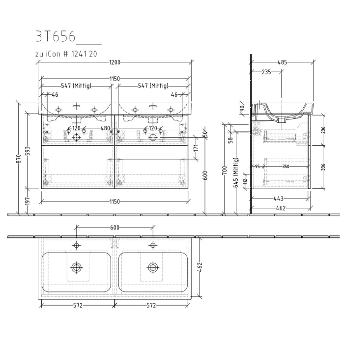 Sanipa 3way Waschtischunterbau für Keramik-Doppelwaschtisch iCon 120 cm, 4 Auszüge mit Push to open