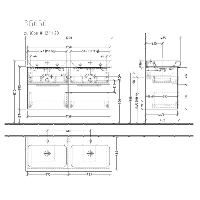 Sanipa 3way Waschtischunterbau für Keramik-Doppelwaschtisch iCon 120 cm, 4 Auszüge mit Aufsatzgriff