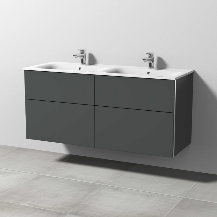 Sanipa 3way Waschtischunterbau für Keramik-Doppelwaschtisch Renova Plan Slim 130 cm, 4 Auszüge mit Griffleisten