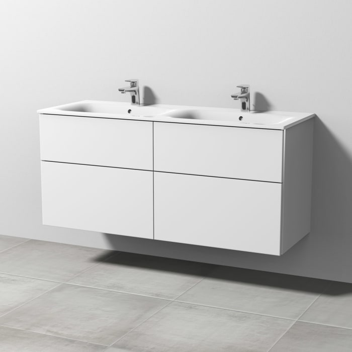 Sanipa 3way Waschtischunterbau für Keramik-Doppelwaschtisch Renova Plan Slim 130 cm, 4 Auszüge mit Griffleisten