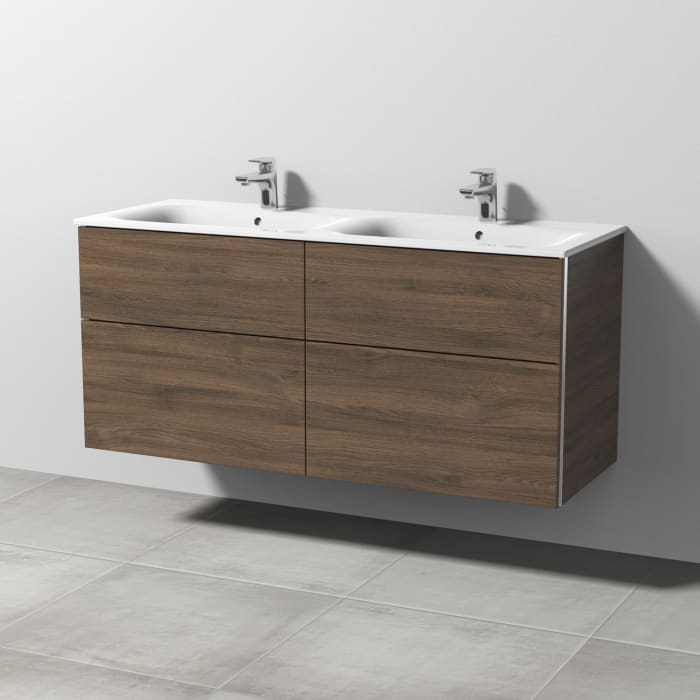 Sanipa 3way Waschtischunterbau für Keramik-Doppelwaschtisch Renova Plan Slim 130 cm, 4 Auszüge mit Griffleisten