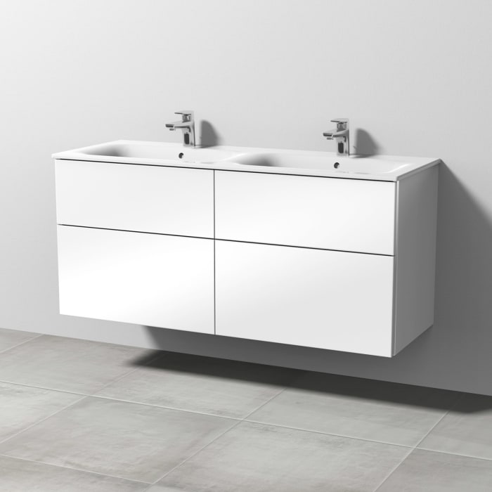 Sanipa 3way Waschtischunterbau für Keramik-Doppelwaschtisch Renova Plan Slim 130 cm, 4 Auszüge mit Griffleisten