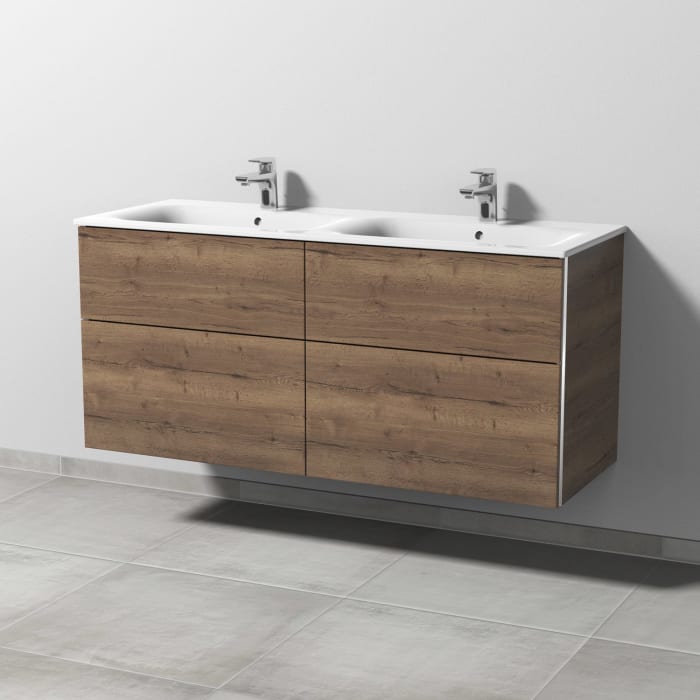 Sanipa 3way Waschtischunterbau für Keramik-Doppelwaschtisch Renova Plan Slim 130 cm, 4 Auszüge mit Griffleisten