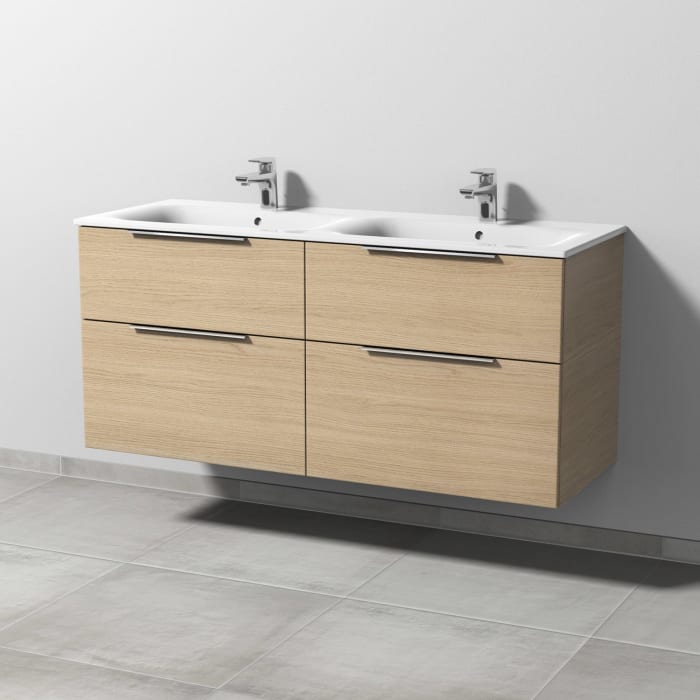 Sanipa 3way Waschtischunterbau für Keramik-Doppelwaschtisch Renova Plan Slim 130 cm, 4 Auszüge mit Aufsatzgriff