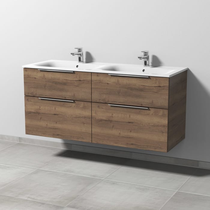 Sanipa 3way Waschtischunterbau für Keramik-Doppelwaschtisch Renova Plan Slim 130 cm, 4 Auszüge mit Aufsatzgriff