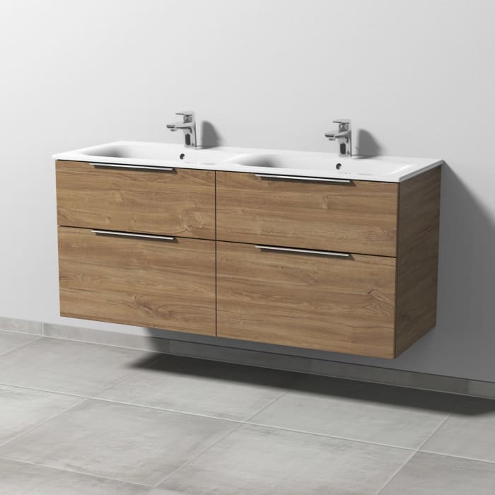 Sanipa 3way Waschtischunterbau für Keramik-Doppelwaschtisch Renova Plan Slim 130 cm, 4 Auszüge mit Aufsatzgriff