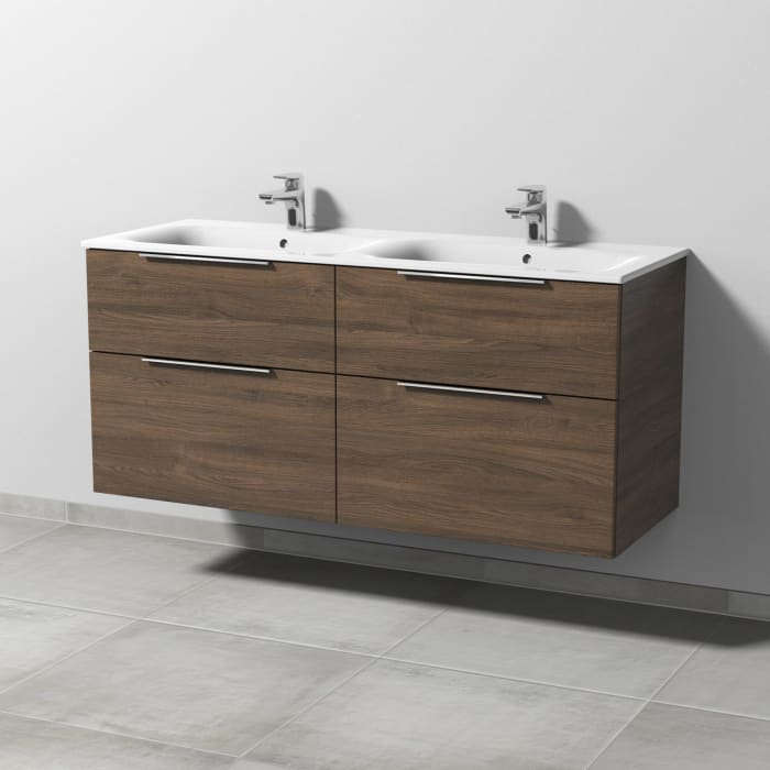 Sanipa 3way Waschtischunterbau für Keramik-Doppelwaschtisch Renova Plan Slim 130 cm, 4 Auszüge mit Aufsatzgriff