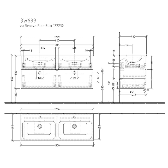 Sanipa 3way Waschtischunterbau für Keramik-Doppelwaschtisch Renova Plan Slim 130 cm, 4 Auszüge mit Griffleisten