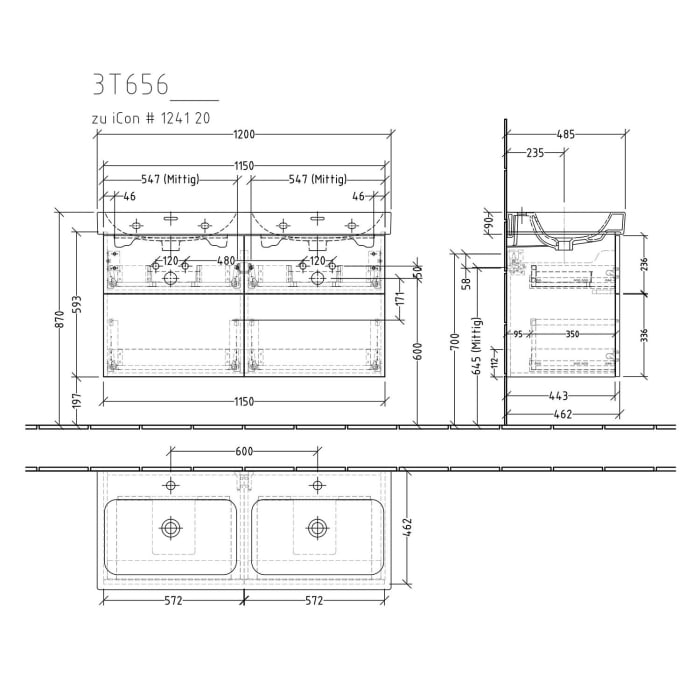 Sanipa 3way Waschtischunterbau für Keramik-Doppelwaschtisch iCon 120 cm, 4 Auszüge mit Push to open