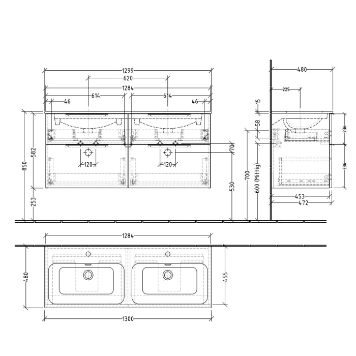 Sanipa 3way Waschtischunterbau für Keramik-Doppelwaschtisch Renova Plan Slim 130 cm, 4 Auszüge mit Aufsatzgriff