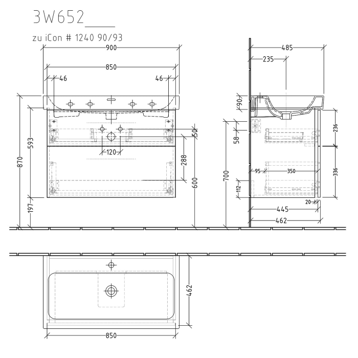 Sanipa 3way Waschtischunterbau für Keramik-Waschtisch iCon 90 cm, 2 Auszüge mit Griffleisten