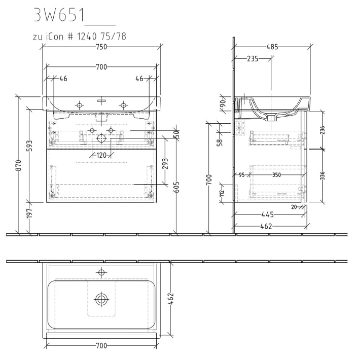 Sanipa 3way Waschtischunterbau für Keramik-Waschtisch iCon 75 cm, 2 Auszüge mit Griffleisten