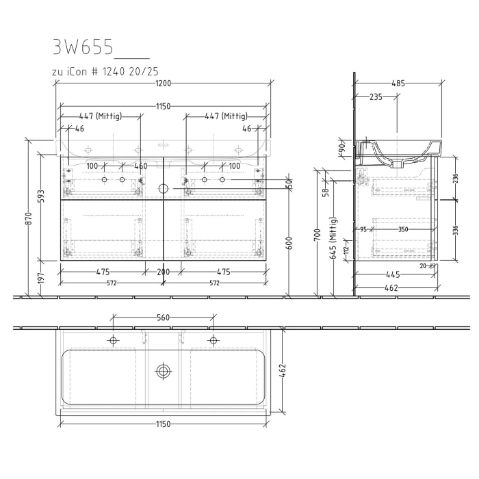 Sanipa 3way Waschtischunterbau für Keramik-Waschtisch iCon 120 cm, 4 Auszüge mit Griffleisten