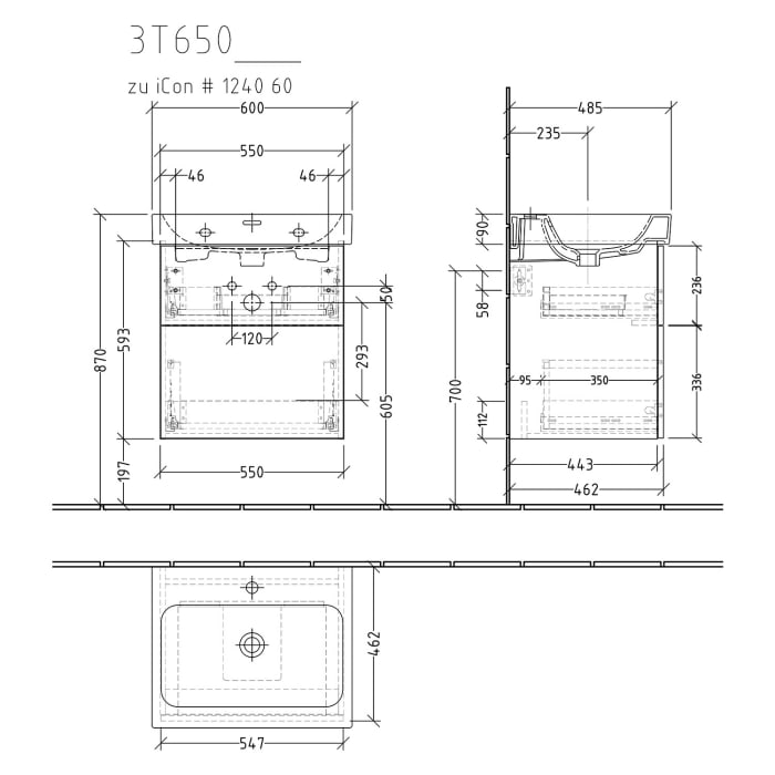 Sanipa 3way Waschtischunterbau für Keramik-Waschtisch iCon 60 cm, 2 Auszüge mit Push to open