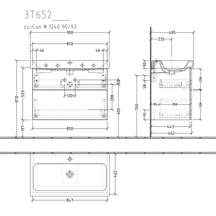 Sanipa 3way Waschtischunterbau für Keramik-Waschtisch iCon 90 cm, 2 Auszüge mit Push to open
