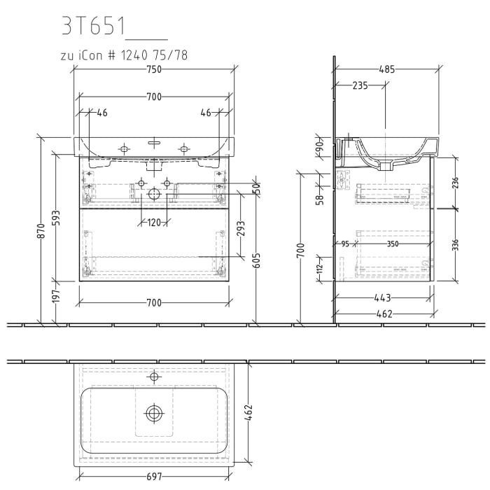 Sanipa 3way Waschtischunterbau für Keramik-Waschtisch iCon 75 cm, 2 Auszüge mit Push to open