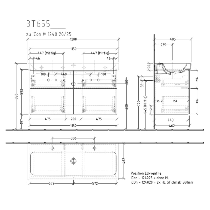 Sanipa 3way Waschtischunterbau für Keramik-Waschtisch iCon 120 cm, 4 Auszüge mit Push to open