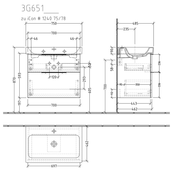 Sanipa 3way Waschtischunterbau für Keramik-Waschtisch iCon 75 cm, 2 Auszüge mit Aufsatzgriff