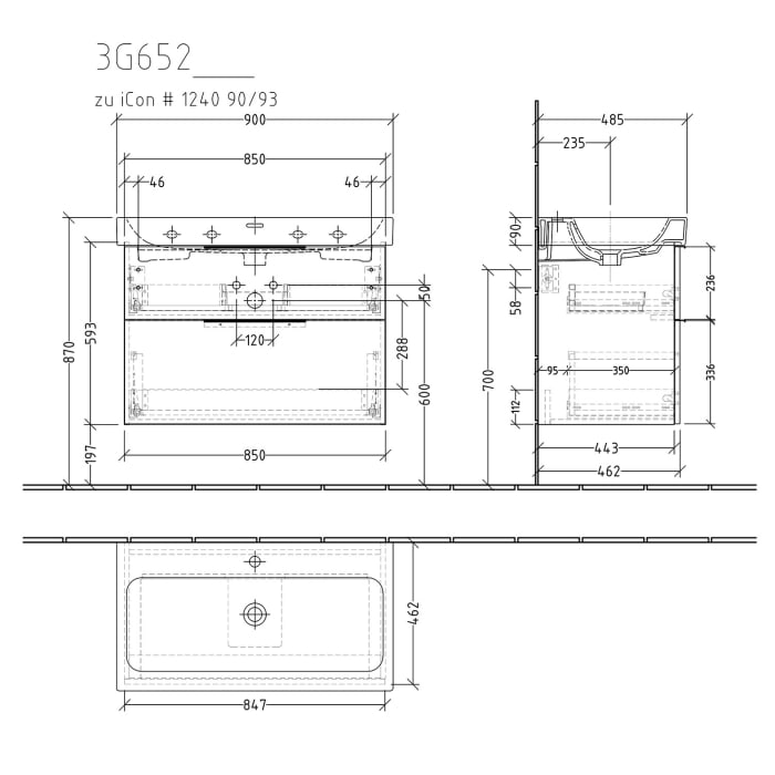 Sanipa 3way Waschtischunterbau für Keramik-Waschtisch iCon 90 cm, 2 Auszüge mit Aufsatzgriff