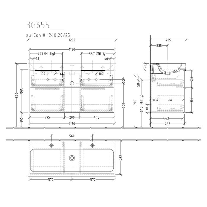 Sanipa 3way Waschtischunterbau für Keramik-Waschtisch iCon 120 cm, 4 Auszüge mit Aufsatzgriff