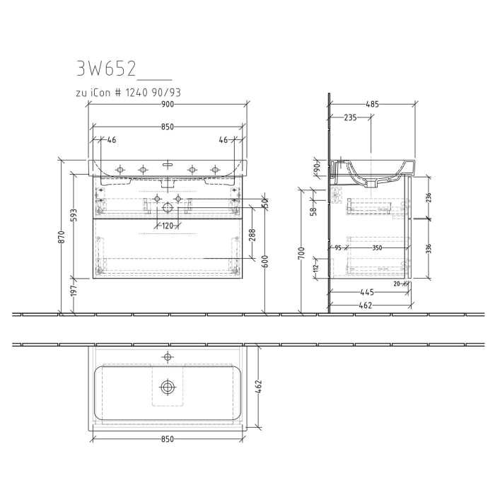 Sanipa 3way Waschtischunterbau für Keramik-Waschtisch iCon 90 cm, 2 Auszüge mit Griffleisten