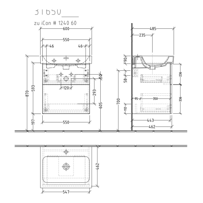 Sanipa 3way Waschtischunterbau für Keramik-Waschtisch iCon 60 cm, 2 Auszüge mit Push to open