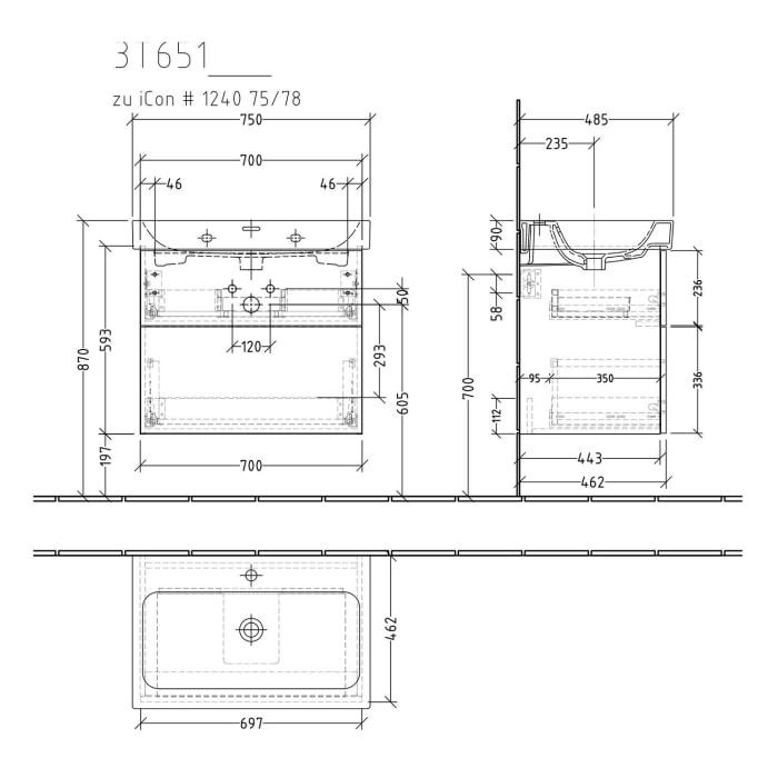 Sanipa 3way Waschtischunterbau für Keramik-Waschtisch iCon 75 cm, 2 Auszüge mit Push to open