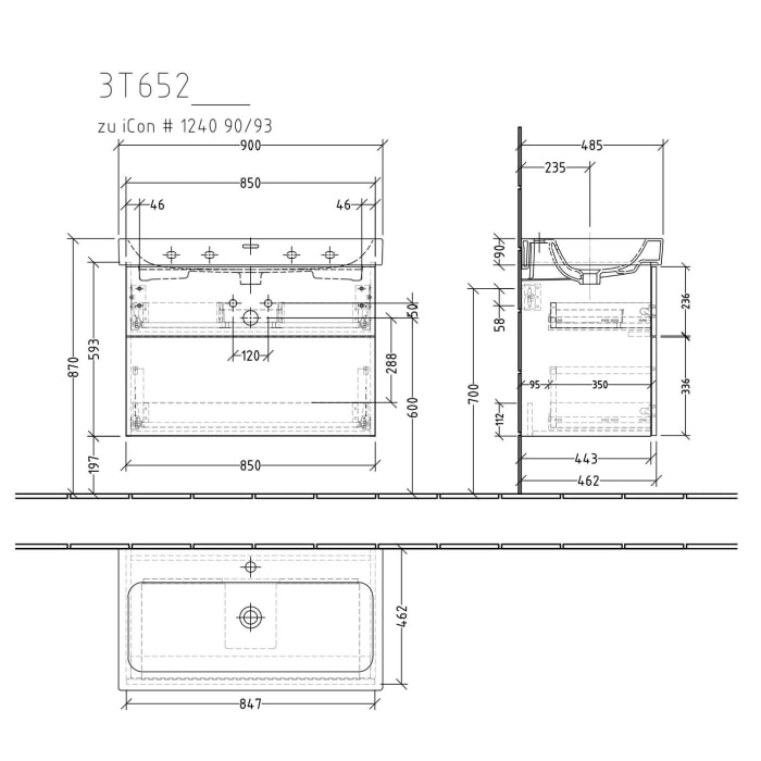 Sanipa 3way Waschtischunterbau für Keramik-Waschtisch iCon 90 cm, 2 Auszüge mit Push to open