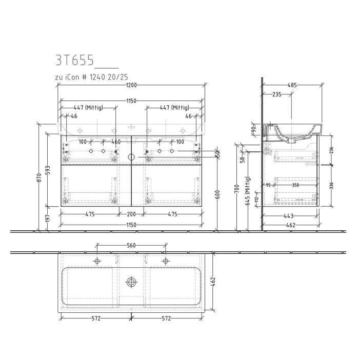 Sanipa 3way Waschtischunterbau für Keramik-Waschtisch iCon 120 cm, 4 Auszüge mit Push to open