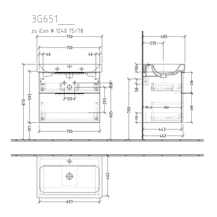 Sanipa 3way Waschtischunterbau für Keramik-Waschtisch iCon 75 cm, 2 Auszüge mit Aufsatzgriff