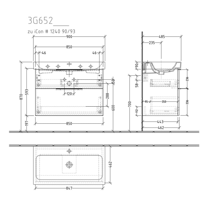 Sanipa 3way Waschtischunterbau für Keramik-Waschtisch iCon 90 cm, 2 Auszüge mit Aufsatzgriff