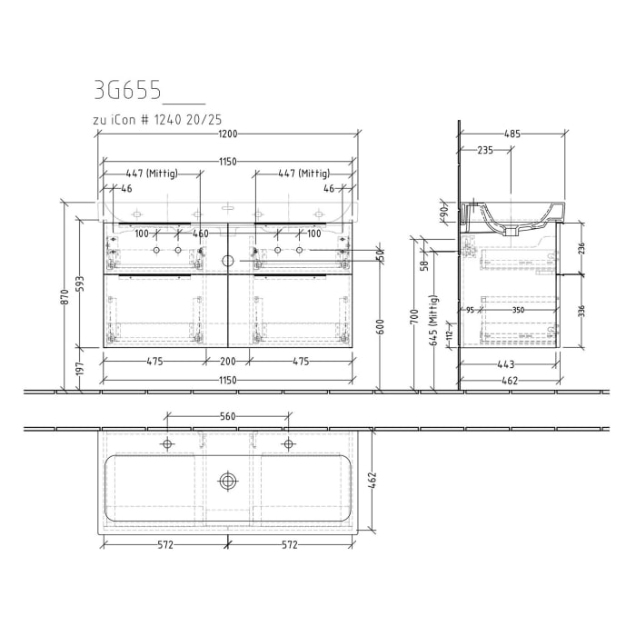 Sanipa 3way Waschtischunterbau für Keramik-Waschtisch iCon 120 cm, 4 Auszüge mit Aufsatzgriff