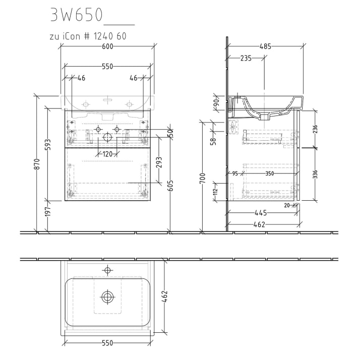 Sanipa 3way Waschtischunterbau für Keramik-Waschtisch iCon 60 cm, 2 Auszüge mit Griffleisten