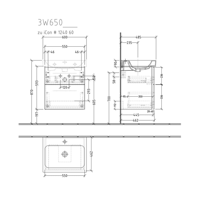 Sanipa 3way Waschtischunterbau für Keramik-Waschtisch iCon 60 cm, 2 Auszüge mit Griffleisten
