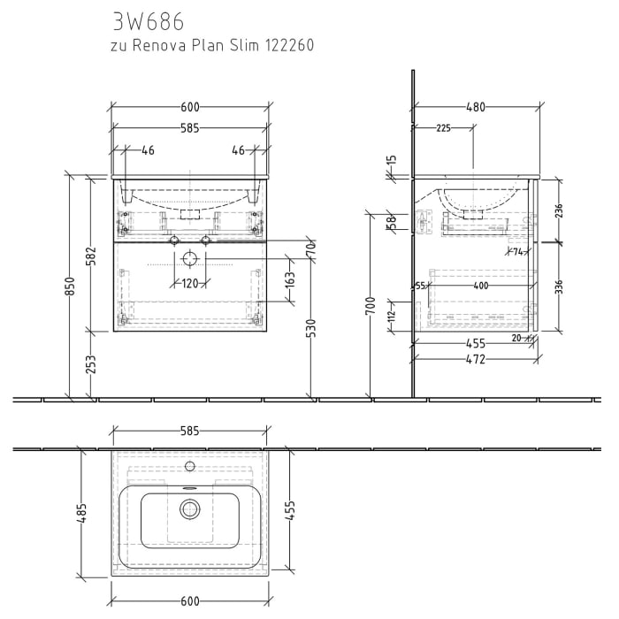Sanipa 3way Waschtischunterbau für Keramik-Waschtisch Renova Plan Slim 60 cm, 2 Auszüge mit Griffleisten