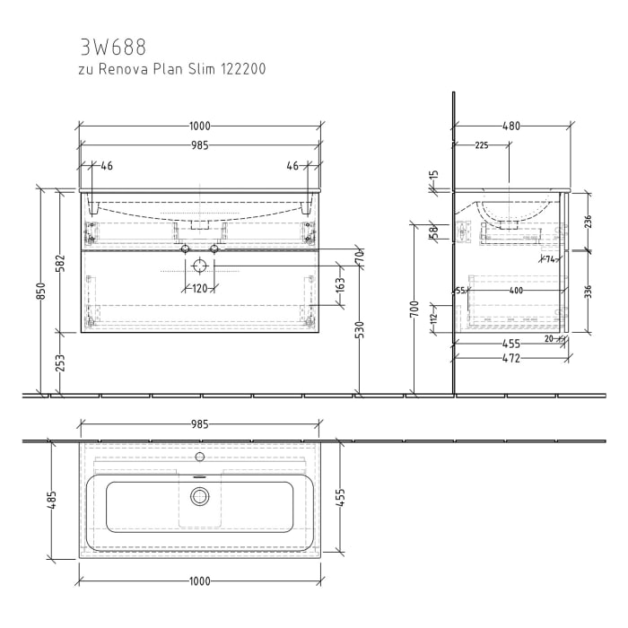 Sanipa 3way Waschtischunterbau für Keramik-Waschtisch Renova Plan Slim 100 cm, 2 Auszüge mit Griffleisten