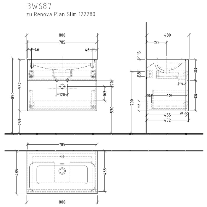 Sanipa 3way Waschtischunterbau für Keramik-Waschtisch Renova Plan Slim 80 cm, 2 Auszüge mit Griffleisten