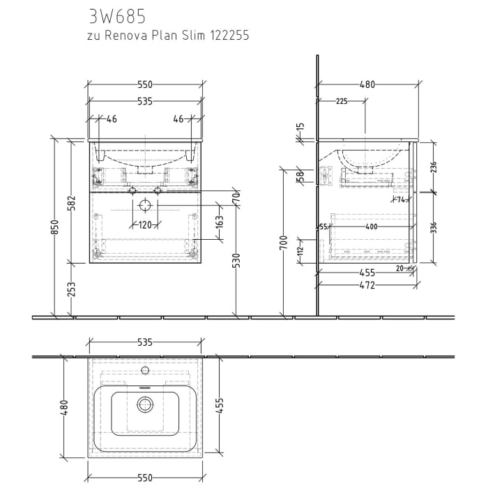 Sanipa 3way Waschtischunterbau für Keramik-Waschtisch Renova Plan Slim 55 cm, 2 Auszüge mit Griffleisten
