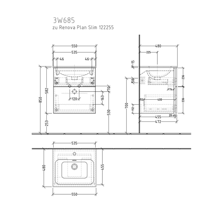 Sanipa 3way Waschtischunterbau für Keramik-Waschtisch Renova Plan Slim 55 cm, 2 Auszüge mit Griffleisten
