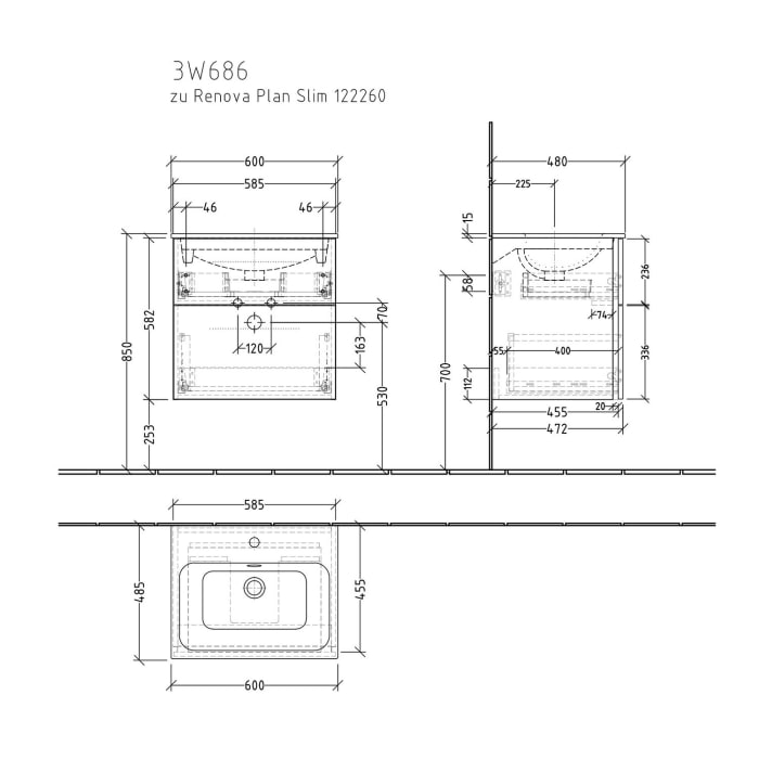 Sanipa 3way Waschtischunterbau für Keramik-Waschtisch Renova Plan Slim 60 cm, 2 Auszüge mit Griffleisten